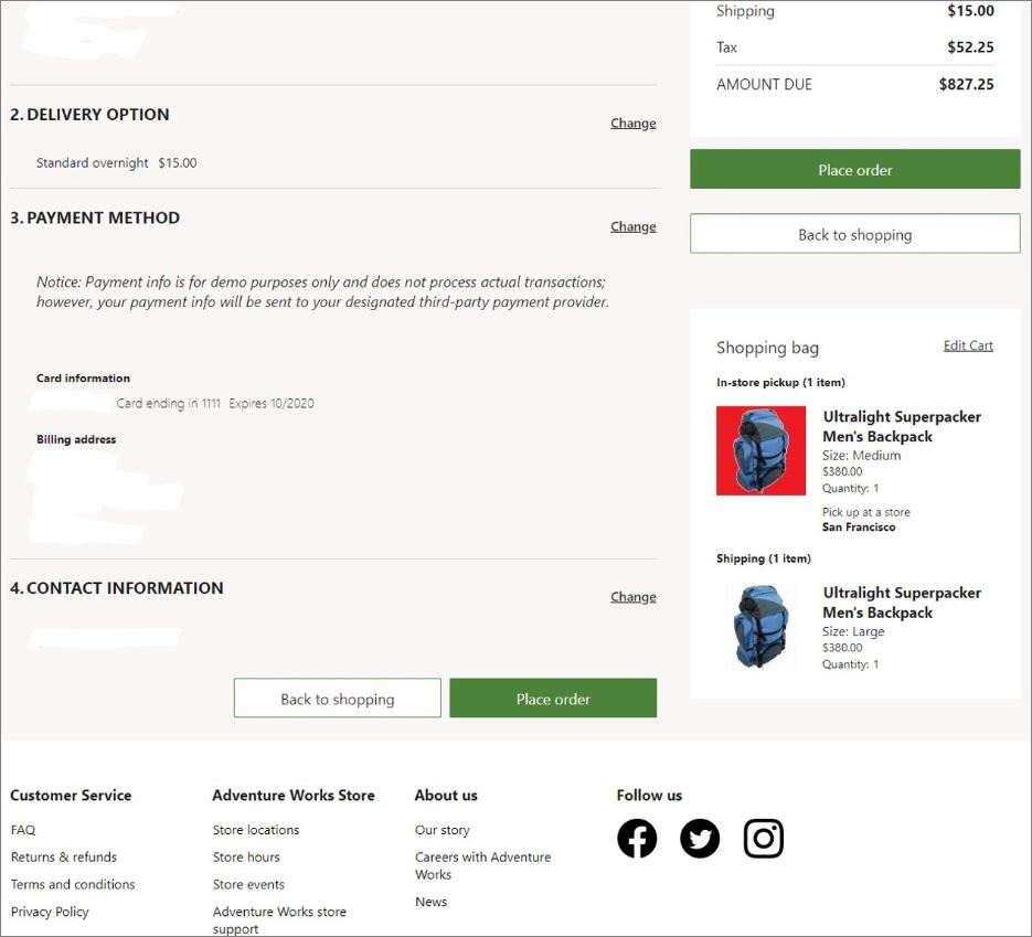 Captura de tela da ação Fazer pedido no Dynamics 365 Commerce.