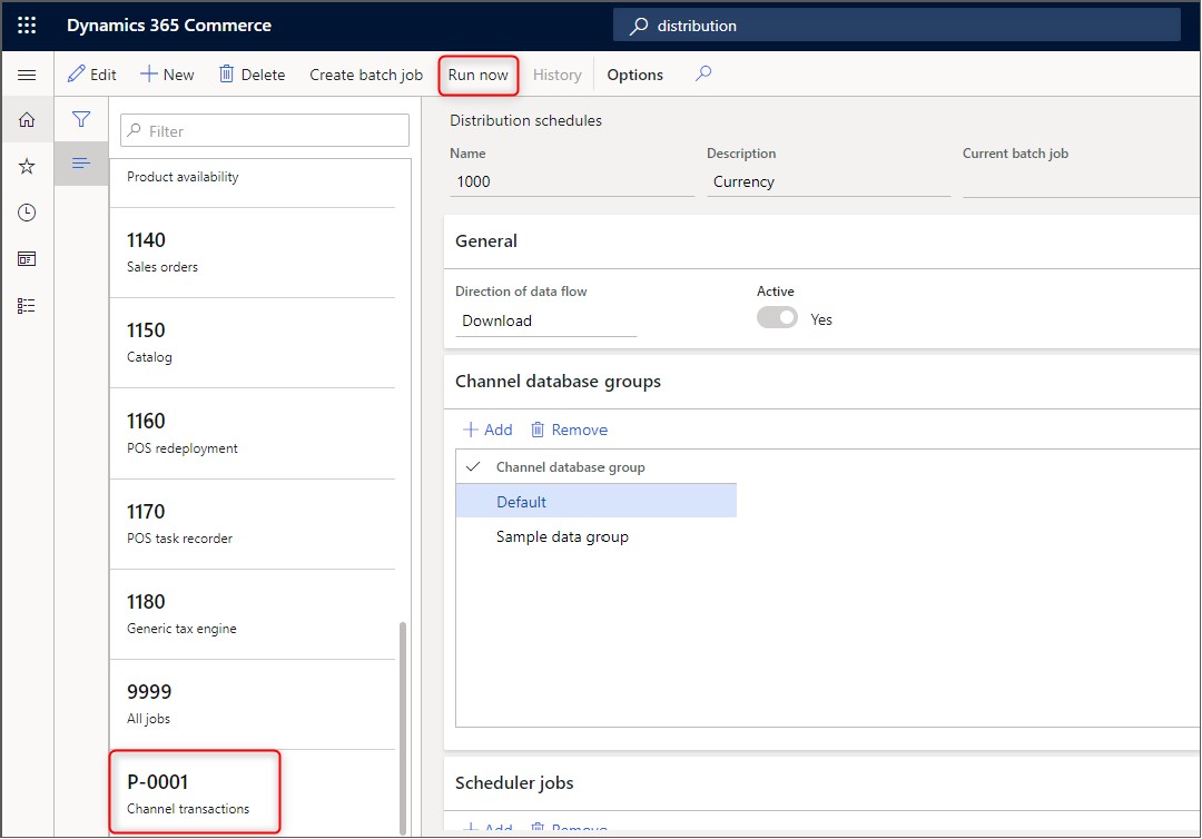 Captura de tela do Executar agora e do trabalho P-0001 no Dynamics 365 Commerce.