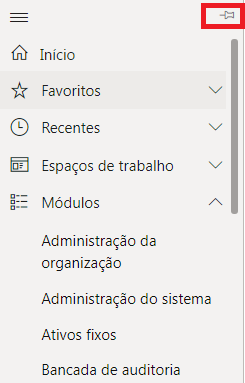 Captura de tela do botão de fixar em Mostrar painel de navegação.