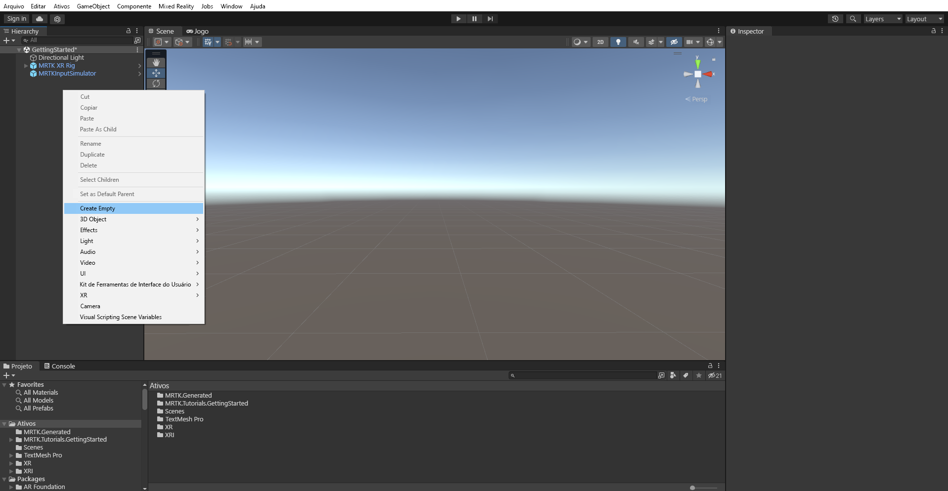Screenshot that shows how to create and add an empty object to your scene.