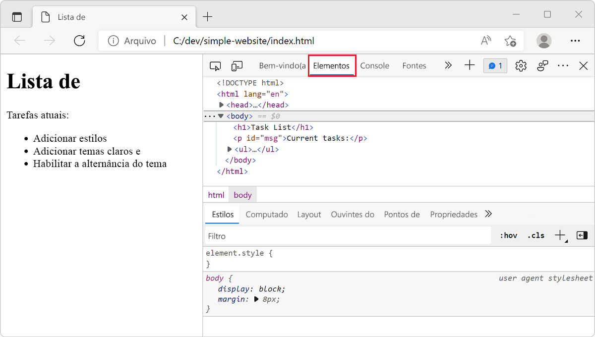 Screenshot showing a browser window with the website, and the Developer Tools next to it with the Elements tab selected.