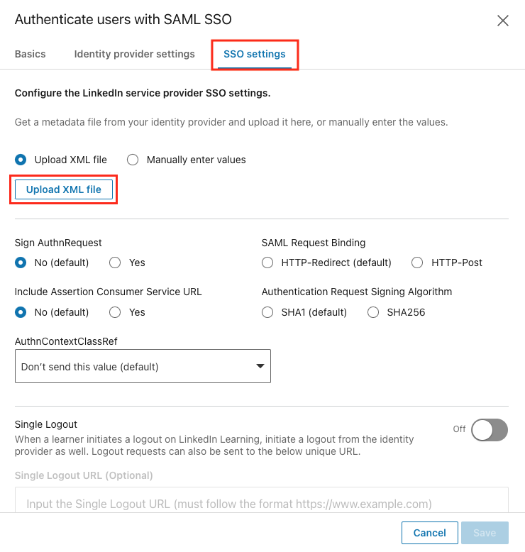 Upload IdP Metadata XML file