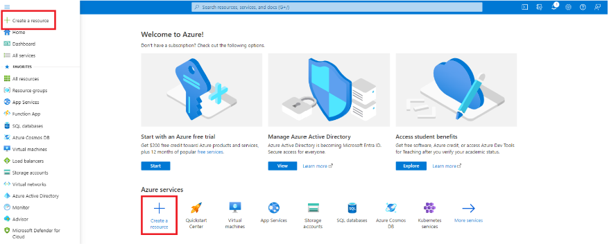 Screenshot highlighting the create a resource options in Azure portal.