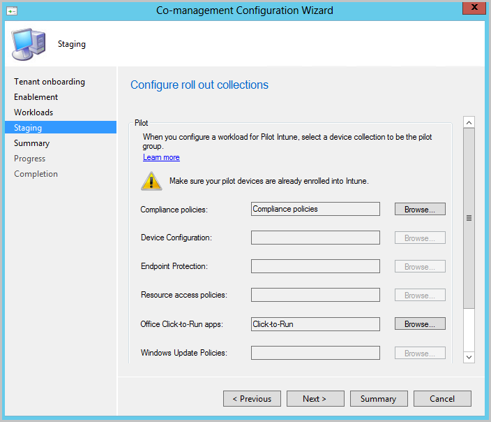 Captura de tela da página Preparo do Assistente de Configuração de Cogerenciamento, com opções para especificar coleções piloto.