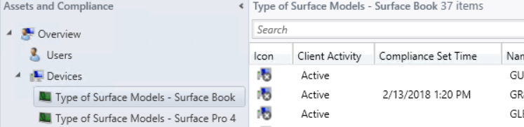 Lista de dispositivos do modelo surface.