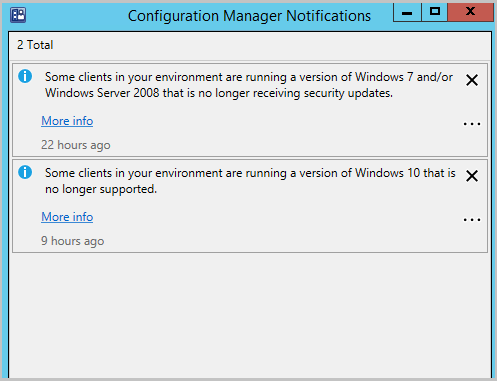 Captura de tela das notificações no console para sistemas operacionais após a data de término do suporte
