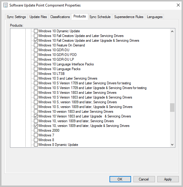 Lista de produtos de controladores de versões do Windows 10