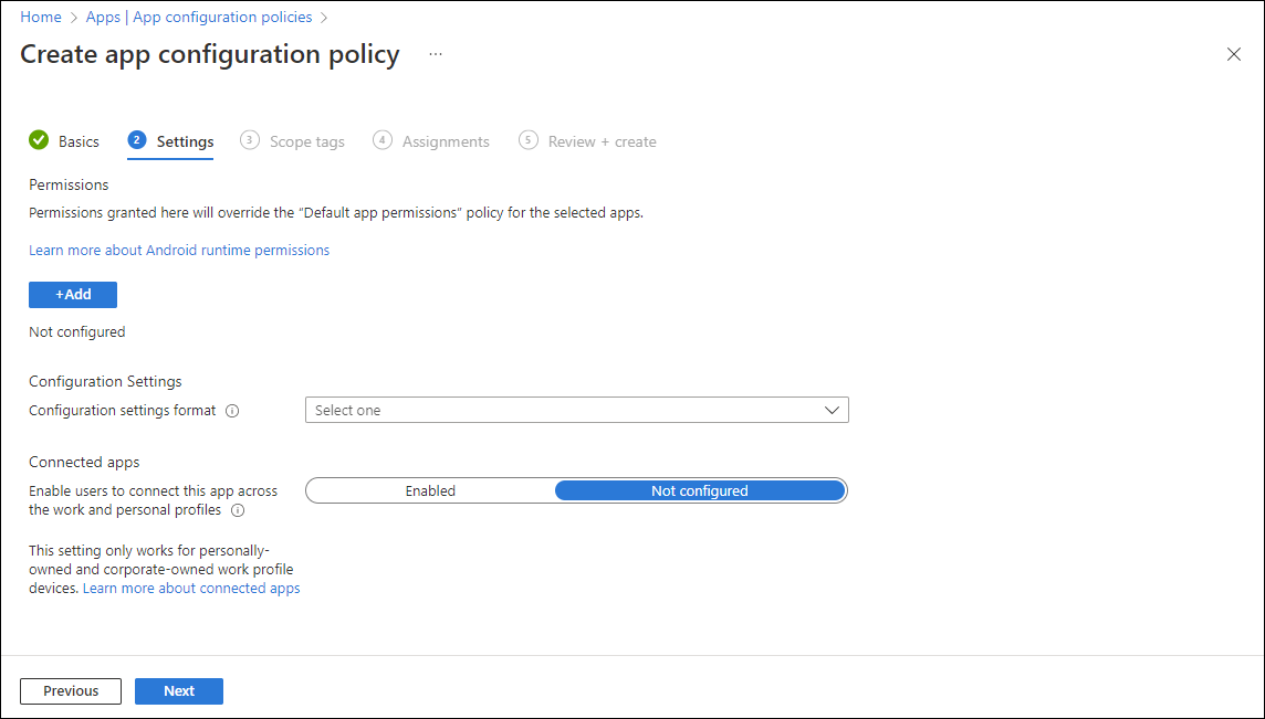 Captura de tela da política de configuração – Configurações