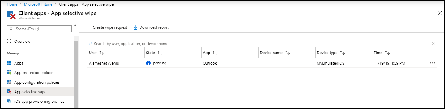 Captura de tela do painel 'Aplicativos cliente - Apagamento seletivo de aplicativo'