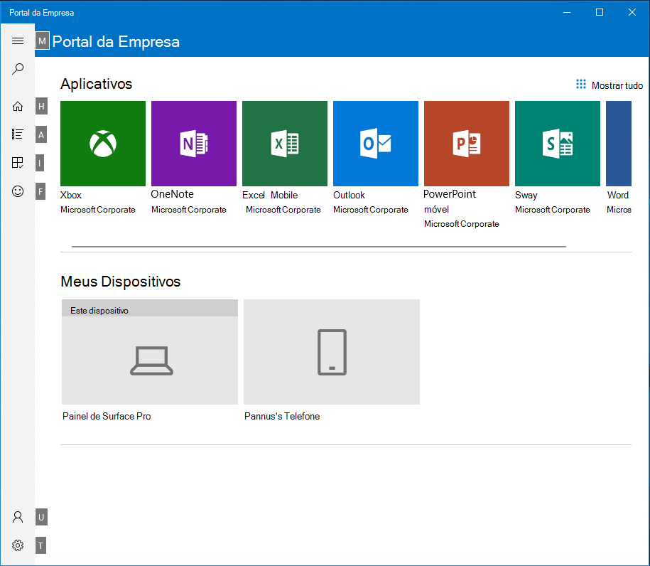 Captura de tela dos atalhos disponíveis no Portal da Empresa do Windows