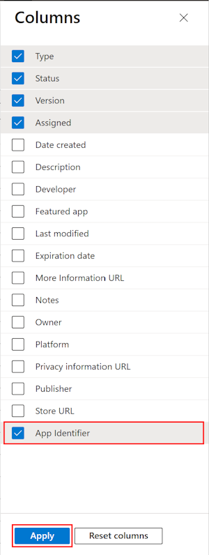 Captura de tela que mostra como selecionar a coluna ID do Pacote de Aplicativos em Todos os Aplicativos no Microsoft Intune e no centro de administração Intune.