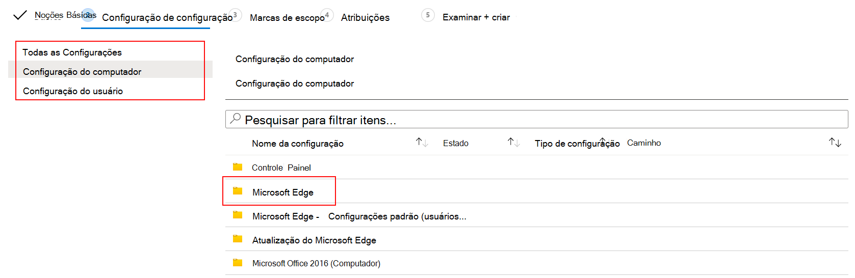 Captura de ecrã a mostrar todas as definições do ADMX, a configuração do utilizador e as definições de configuração do computador no Microsoft Intune e no centro de administração do Intune.