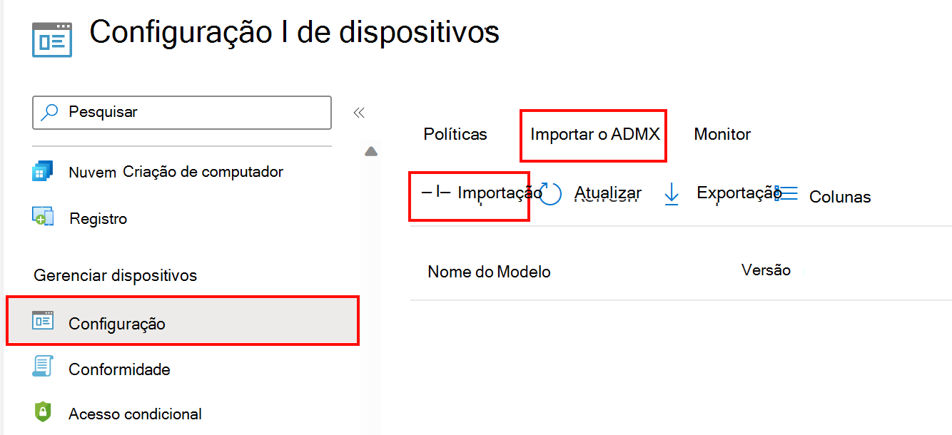 Captura de tela que mostra como adicionar ou importar ADMX e ADML personalizados. Acesse Perfis de configuração de dispositivos >> Importar a ADMX no Microsoft Intune e no centro de administração do Intune.