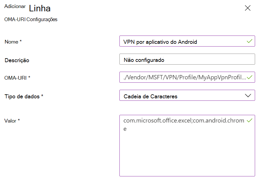 Captura de tela que mostra a política personalizada de VPN por aplicativo do administrador de dispositivos Android em Microsoft Intune.