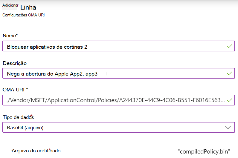 Adicione um OMA-URI personalizado para configurar o CSP ApplicationControl no Microsoft Intune.