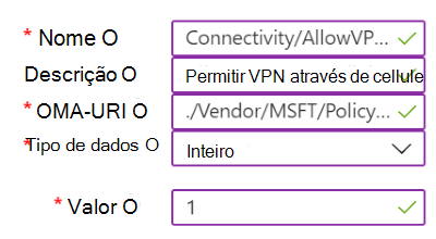 Captura de ecrã que mostra um exemplo de uma política personalizada que contém definições de VPN no Microsoft Intune.