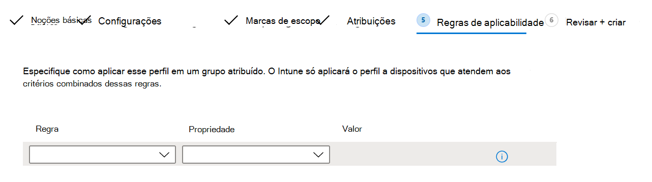 Captura de tela que mostra como adicionar uma regra de aplicabilidade a um perfil de configuração de dispositivo Windows 10 em Microsoft Intune.