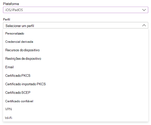 Captura de tela que mostra como criar uma política e um perfil de configuração de dispositivo iOS/iPadOS no Microsoft Intune.