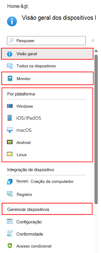 Captura de tela que mostra como selecionar Dispositivos para ver o que você pode configurar e gerenciar em Microsoft Intune.
