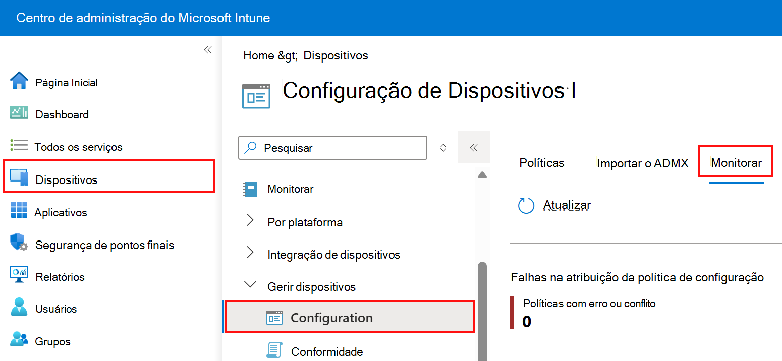 Captura de tela que mostra para selecionar a guia monitor em perfis de configuração de dispositivo em Microsoft Intune e Intune centro de administração.