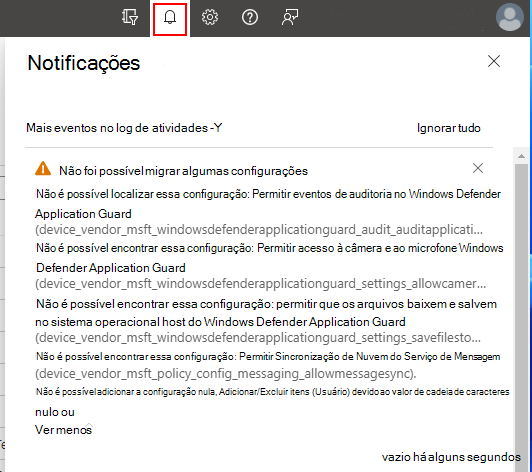 Captura de tela que mostra notificações com informações adicionais quando a política está sendo criada no Microsoft Intune.