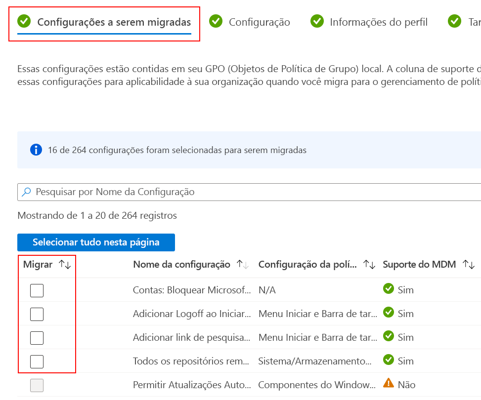 Captura de tela que mostra as configurações a serem migradas e como selecionar a caixa de seleção Migrar em Microsoft Intune.