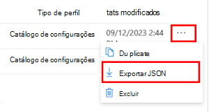 Captura de tela que mostra como exportar uma política de catálogo de configurações como JSON no Microsoft Intune e no centro de administração do Intune.