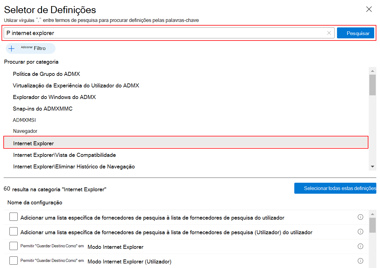 Captura de ecrã que mostra o Catálogo de Definições quando procura o Internet Explorer para ver todas as definições do IE no Microsoft Intune e no centro de administração do Intune.