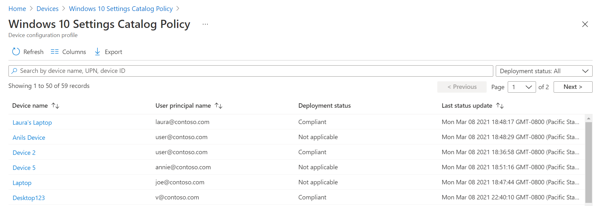 Captura de tela que mostra como ver informações detalhadas do relatório no Microsoft Intune e no centro de administração do Intune, incluindo nome do dispositivo, status de política e muito mais.