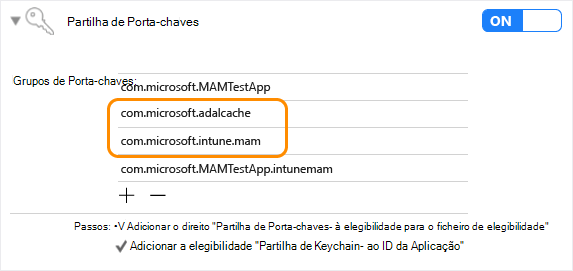 Intune sDK do aplicativo iOS: compartilhamento de keychain