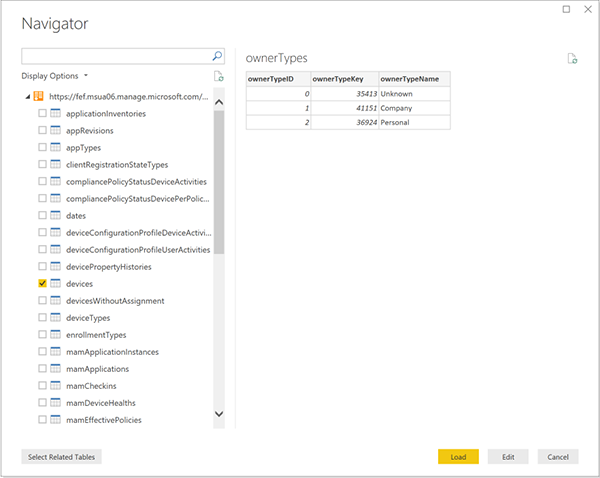 Captura de tela do Navegador – A lista de tabelas de Data Warehouse.