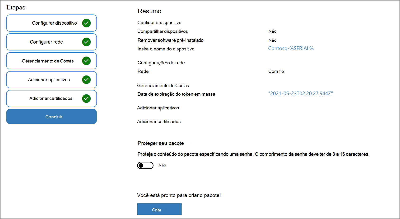 Captura de tela da proteção de pacotes no aplicativo Designer de Configuração do Windows