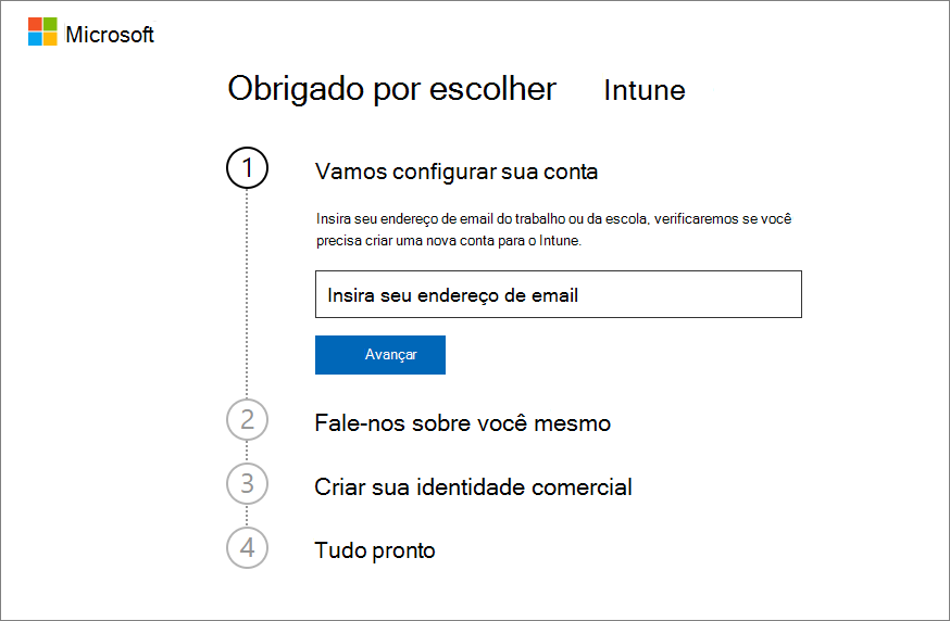 Captura de tela da página de conta configurada Microsoft Intune – Insira email