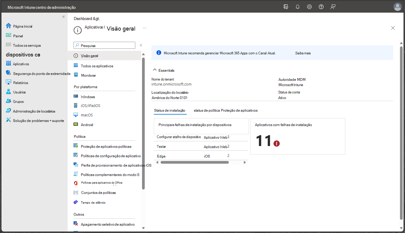 Captura de tela do Centro de Administração do Microsoft Endpoint Manager – Aplicativos