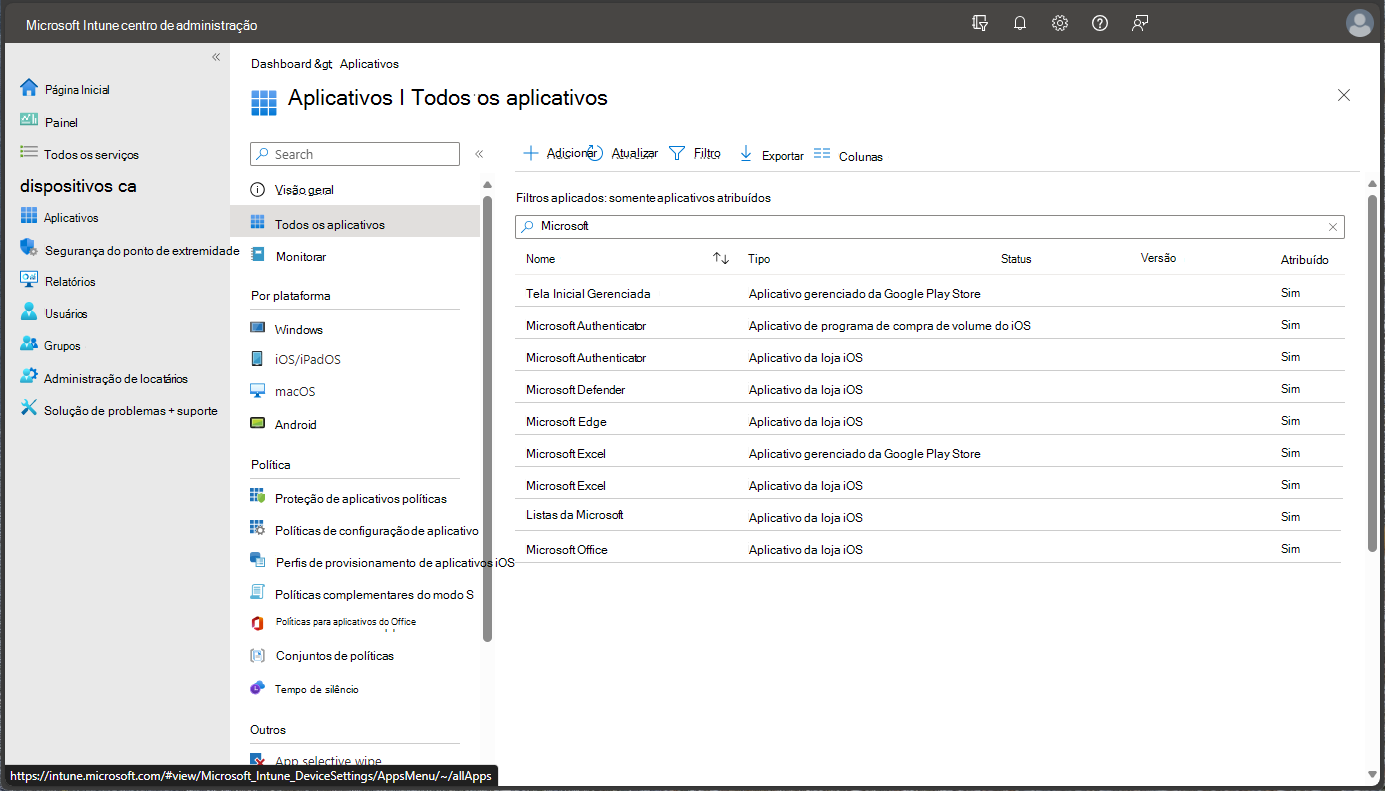 Captura de tela do Centro de Administração do Microsoft Endpoint Manager – Todos os aplicativos