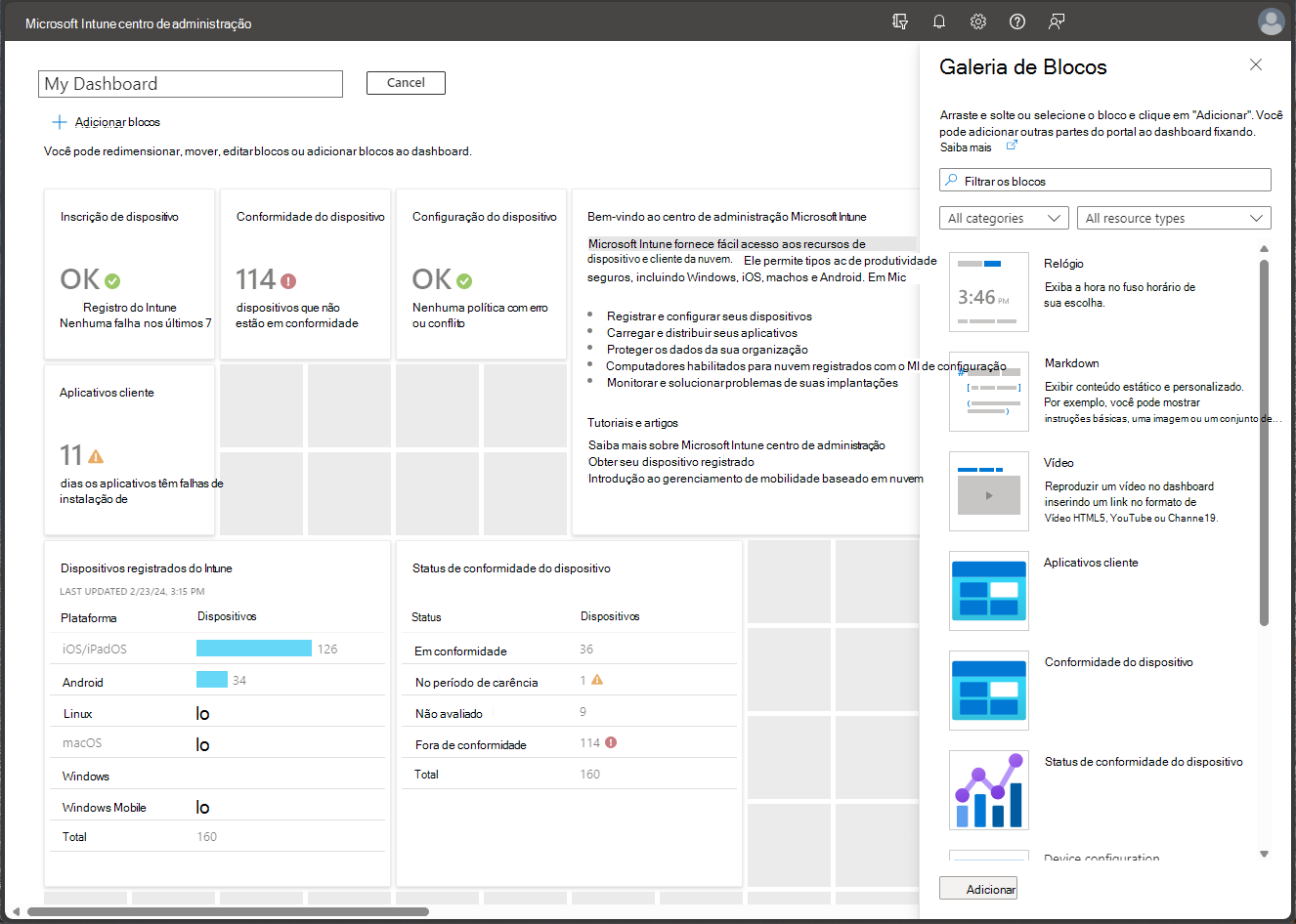 Captura de tela do painel no Centro de Administração do Microsoft Endpoint Manager