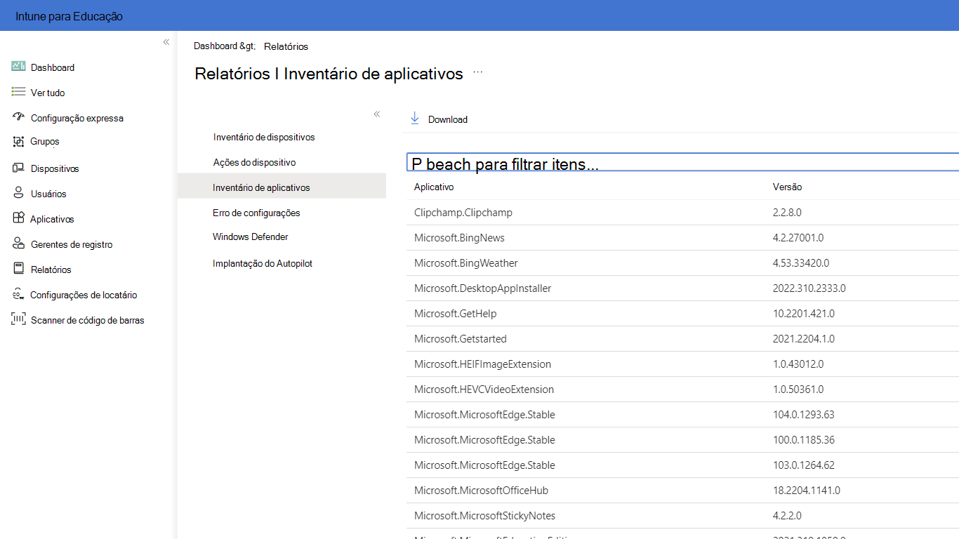 Opções de relatório disponíveis no Intune para Educação ao selecionar a folha relatórios