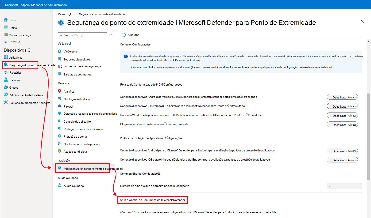 Captura de tela que mostra o patch para abrir a Central de Segurança do Microsoft Defender.