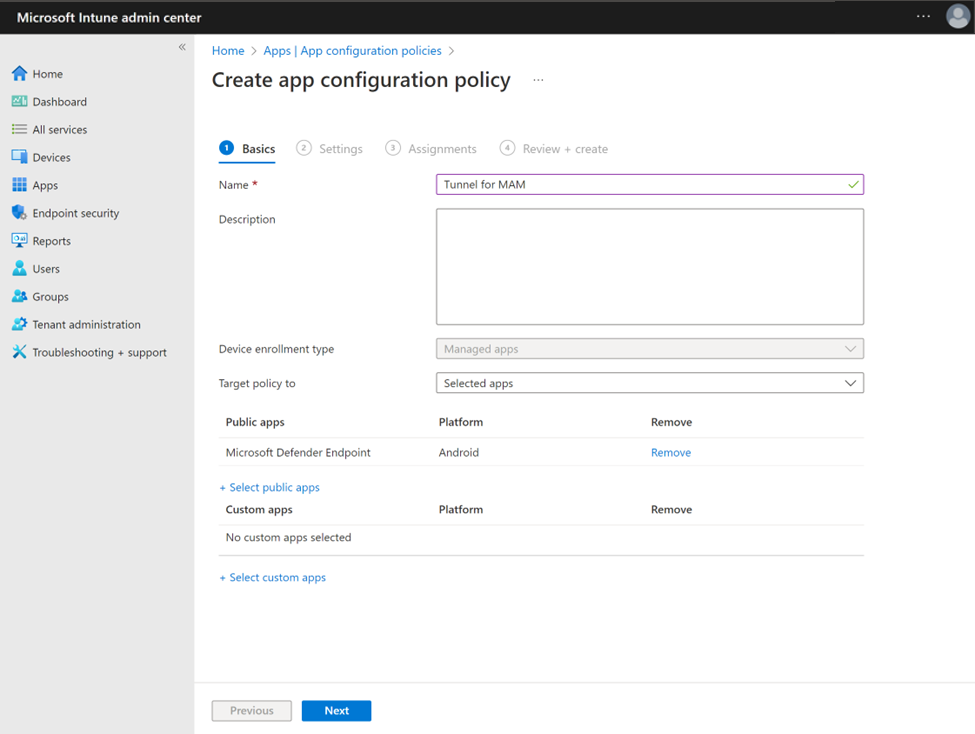 Captura de tela da configuração de uma política de configuração de aplicativo com Microsoft Defender Ponto de Extremidade como um aplicativo público.
