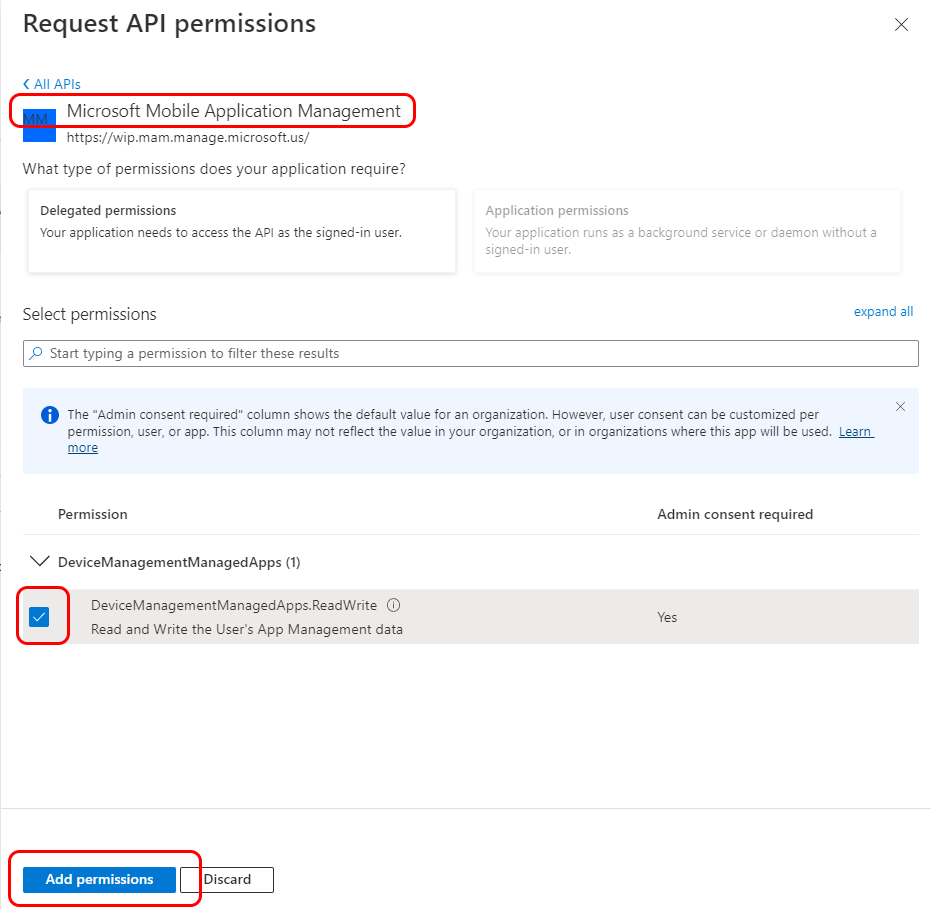 Configurar permissões de API para o Gerenciamento de Aplicativos Móveis da Microsoft.