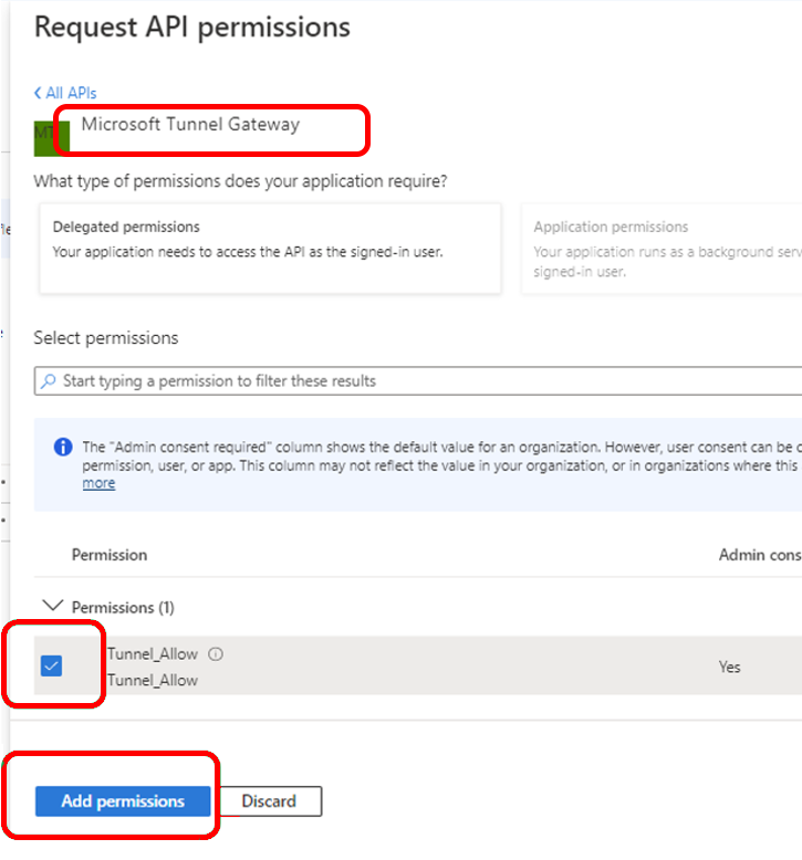 Configurar permissões de API para o Microsoft Tunnel Gateway.