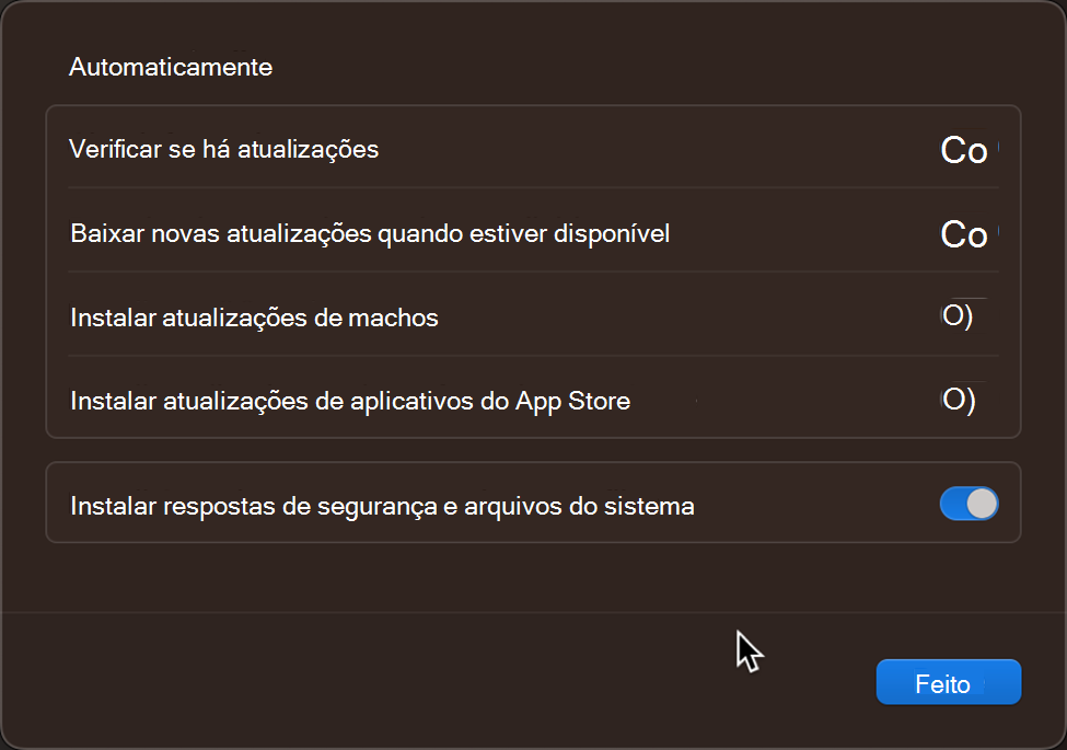 As configurações e controles de atualização padrão do sistema operacional em um dispositivo Apple macOS.