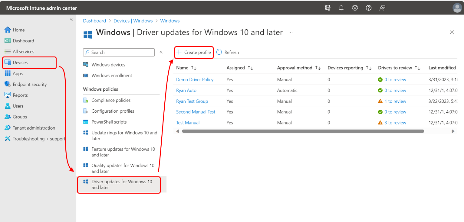 Uma captura de tela do centro de administração que mostra o caminho para criar um perfil para o Windows Driver Atualizações.