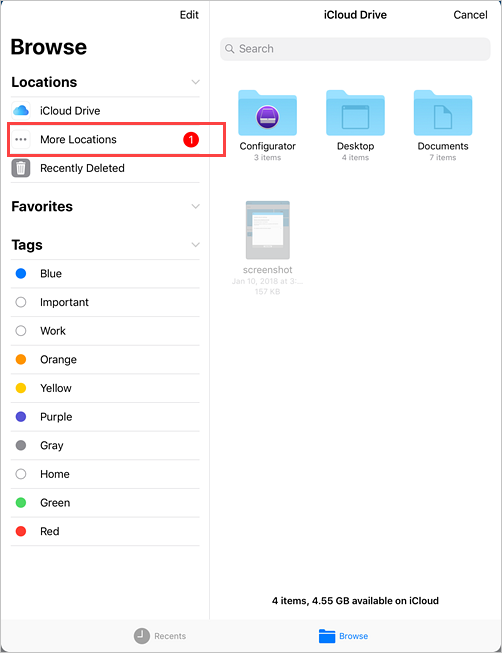 Captura de tela de exemplo do iCloud Drive, menu Procurar destacando a opção Mais Locais.