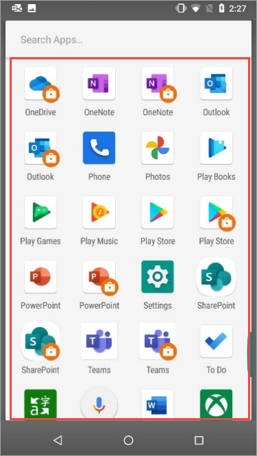 Captura de tela de aplicativos de trabalho e aplicativos pessoais juntos na gaveta de aplicativos do Nexus 5X.