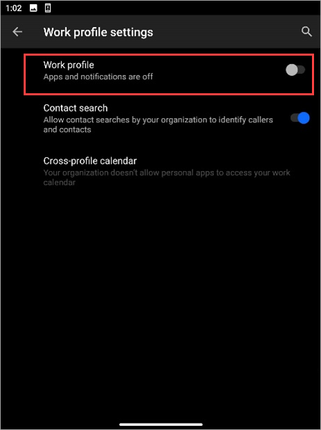 Captura de tela do botão Alternar perfil de trabalho desativada nas configurações do dispositivo Do Surface Duo.