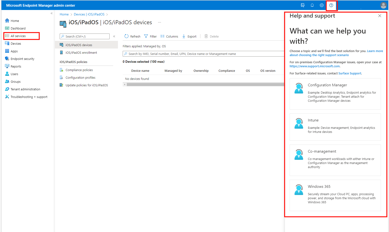 Captura de tela que mostra como obter ajuda e suporte usando a casa, o painel ou qualquer outra opção no centro de administração do Microsoft Endpoint Manager e Microsoft Intune.