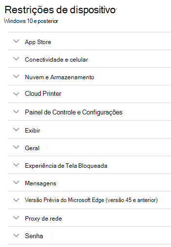 Todas as configurações de restrições de dispositivo para dispositivos Windows em Microsoft Intune.