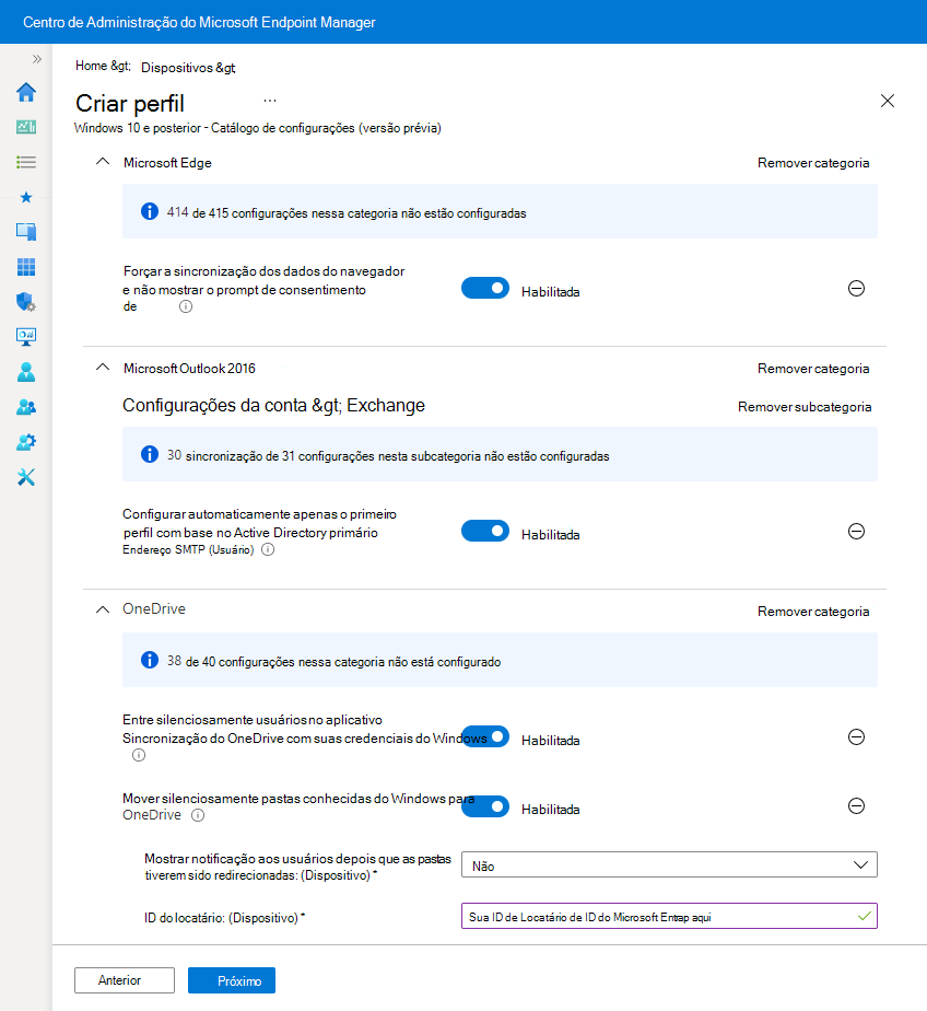 A Imagem mostra um exemplo de um perfil de catálogo de configurações no Microsoft Intune.