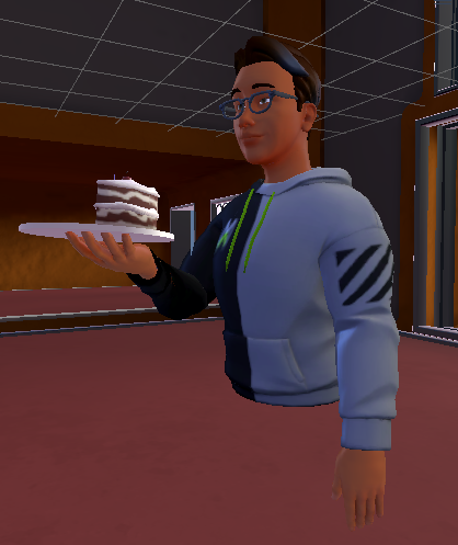 Captura de tela de um avatar segurando o bolo de aniversário.